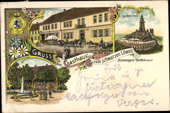 Chromo-Litho designations at the Kyffhäuser Südharz, inn at the black lion, Kaiser Wilhelm monument