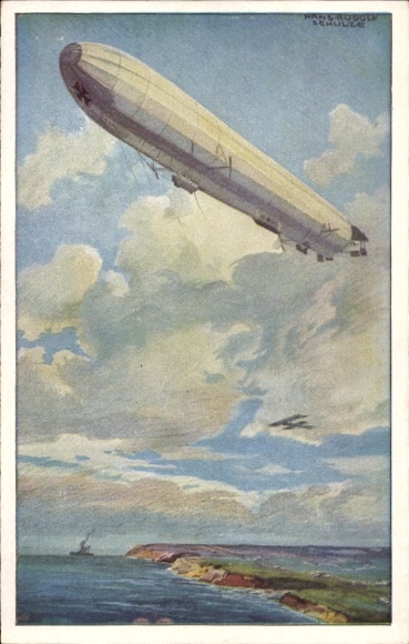 Artist Postcard Schulze, Hans Rudolf, Imperial Navy airship, Watch on the German Baltic coast