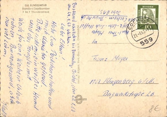 Postcard German Bundeswehr, standard fighter-bomber F 84 F Thunderstreak, DA-115
