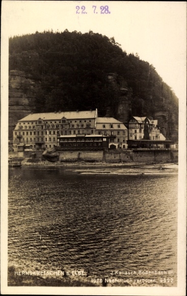 Postcard Bodenbach Nossen in Saxony, hotel building, water view, nature, mountains