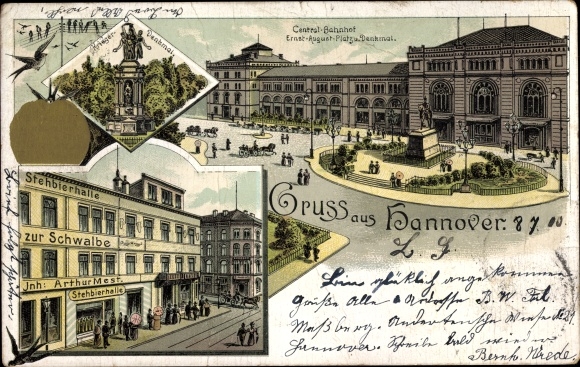 Litho Hannover in Niedersachsen, Hauptbahnhof, Kriegerdenkmal, Gasthof zur Schwalbe