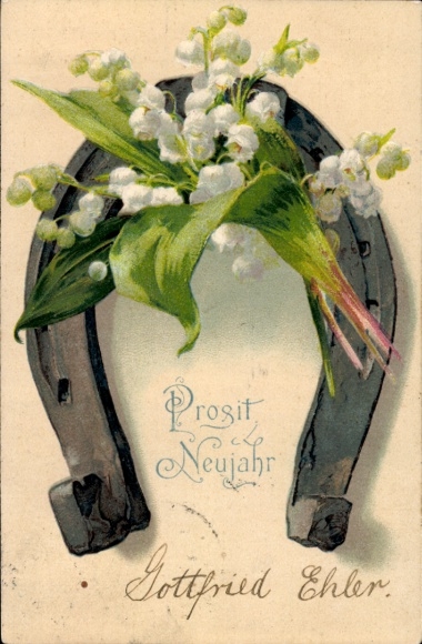 Embossed Postcard Congratulations New Year, horseshoe