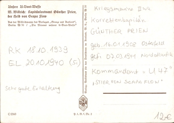 Artist Postcard Willrich, Wolfgang, Lieutenant Commander Günther Prien, Knight's Cross recipient, VDA 1 5 2