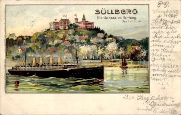 Chromo-Litho Hamburg Altona Blankenese, Süllberg, steamer on the Elbe