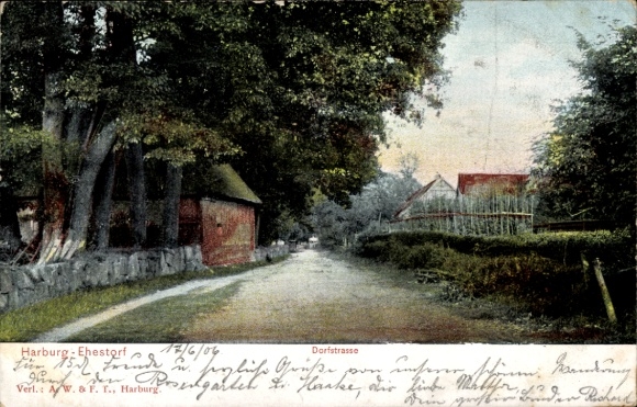 PC Hamburg Harburg Wilstorf, landscape photograph, village street, buildings, trees, early color photograph...