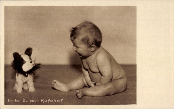 Postcard Do you also drink Kufeke?, baby food, advertising, toddler, stuffed dog