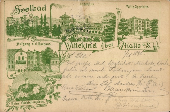 Chromo-Litho Halle an der Saale, Wittekind salt bath, bathhouse, Villa Charlotte, Giebichenstein ruins