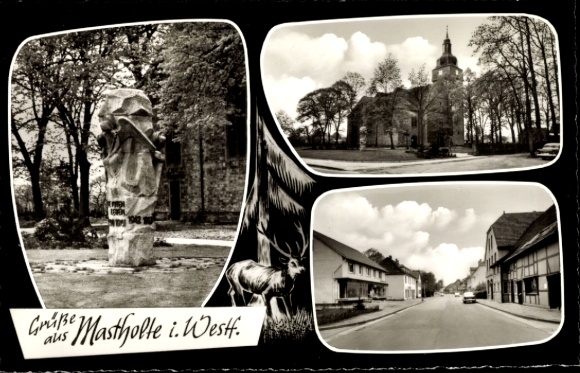Ak Mastholte Rietberg in Westfalen, drie gezichten, standbeeld, kerk, straat, landelijke architectuur