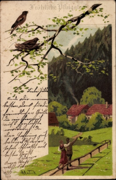 Artist Chromo-Litho Mailick, congratulations Pentecost, spring idyll, bird&#39;s nest, walk