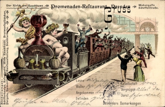 Chromo-Litho steam locomotive in the station with wine bottles, wine glasses