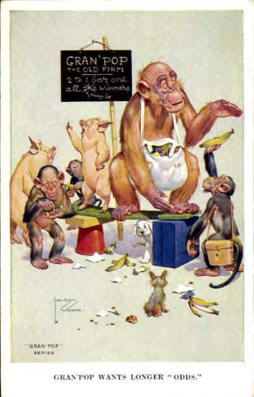 Artist Postcard Wood, L., chimpanzees, pigs, banana, Gran'pop wants longer Odds