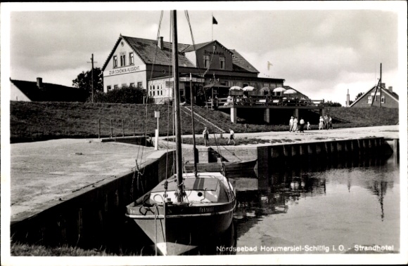 Postcard Horumersiel Schillig Wangerland Friesland, beach hotel, sailing boat