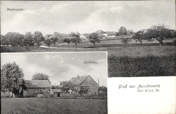 Postcard Auschkowitz Burkau Saxony, village view, view of an inn, fields