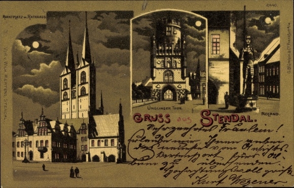 Maanlichtlitho Stendal in de Altmark, Roland, Ünglinger Tor, marktplein, gemeentehuis
