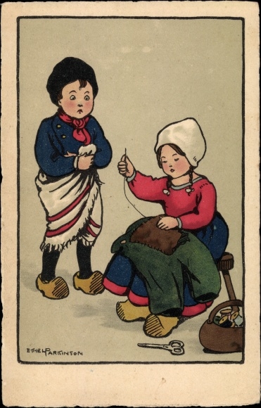 Artist Postcard Parkinson, Ethel, sewing girl and boy in Dutch costumes