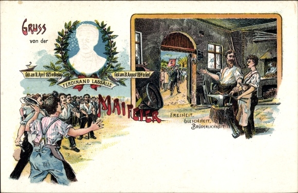 Embossed Chromo-Litho May Day celebrations, Ferdinand Lassalle, blacksmith, freedom, equality, brotherhood