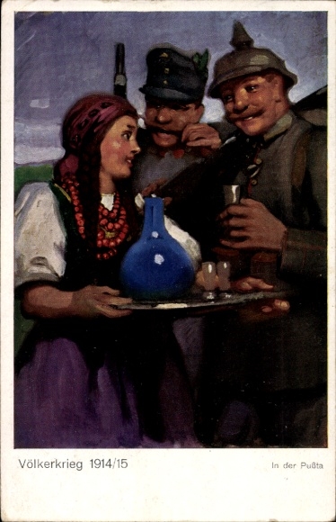 Künstler Ak In der Pußta, Ungarin in Tracht, deutsche und k. u. k. Soldaten, Völkerkrieg 1914