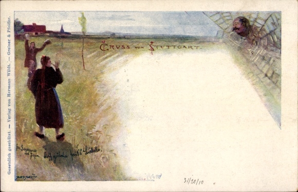 Postal stationery PC Stuttgart in Württemberg, people on a meadow, man's face as a spider