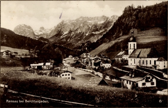 Postcard Ramsau in Berchtesgadener Land Upper Bavaria, landscape with mountains, village view, church,