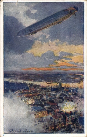 Kunstenaarskaart van Eckenbrecher, Themistocles, Zeppelin boven Antwerpen, slag, WOI