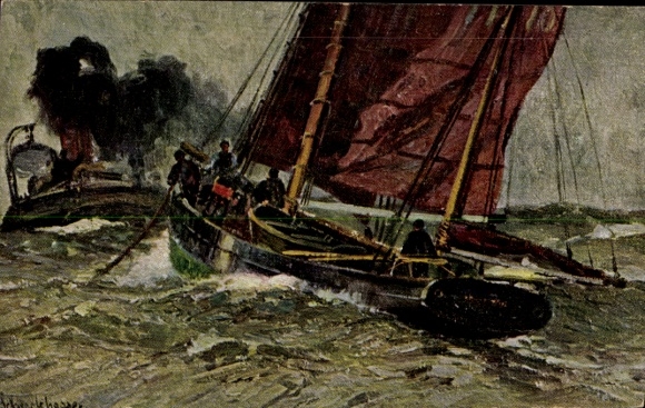 Artist Postcard Sailboat on the sea, warship