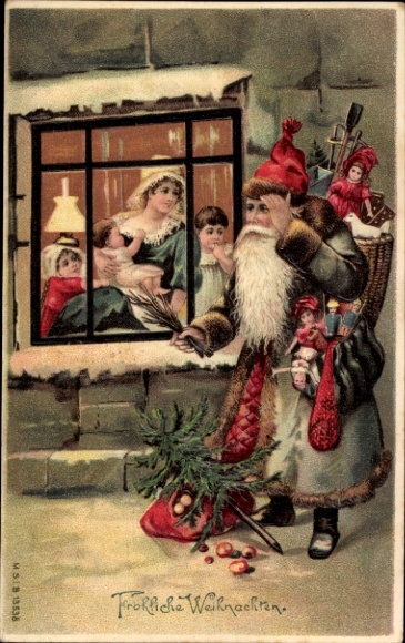 Präge Ak Frohe Weihnachten, Weihnachtsmann mit Geschenken am Fenster, Frau, Kinder