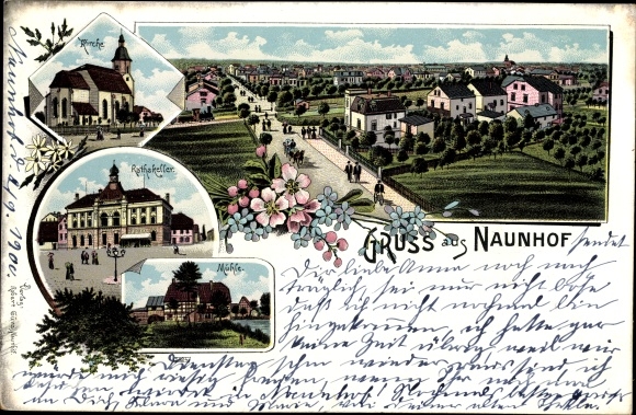 Chromo-Litho Naunhof in the district of Leipzig, total view of the place, church, Ratskeller, mill