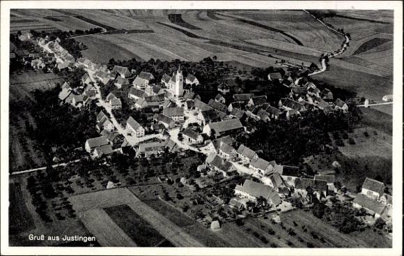 Ak Justingen Schelklingen Schwäbische Alb, Luftaufnahme von  Häuser, Straßen, Landschaft