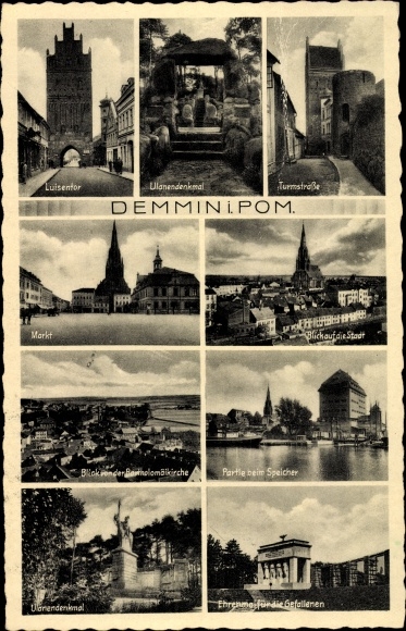 Ak Demmin in West-Pommeren, Uhlan-monument, markt, perceel bij het magazijn
