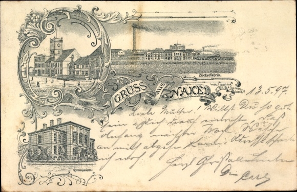 Chromo-Litho Nakło nad Notecią Nakel Netze West Prussia, market square, sugar factory, high school