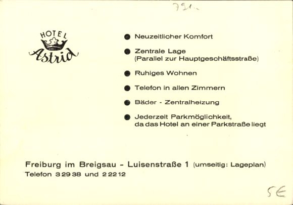 City map Postcard Freiburg im Breisgau, Hotel Astrid, Luisenstraße 1