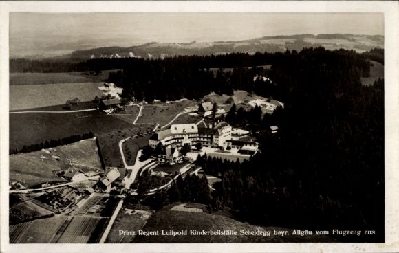 Postcard Scheidegg in Allgäu Swabia, Prince Regent Luitpold Children's Sanatorium, aerial photograph