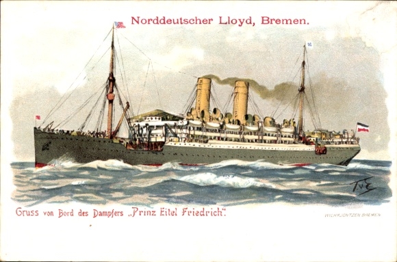 Kunstenaar Ak Eckenbrecher, Themistokles von, stoomboot prins Eitel Friedrich, Noord-Duitse Lloyd