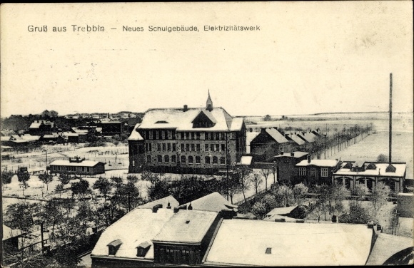 Ak Trebbin in Brandenburg, nieuw schoolgebouw, krachtcentrale, winter