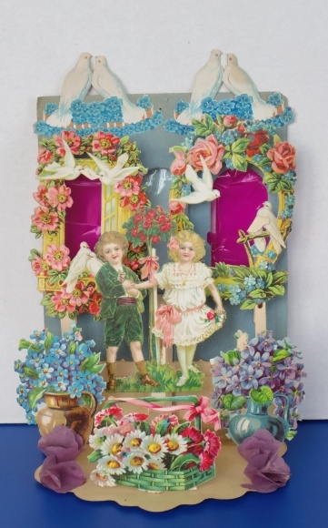 Backdrop card 3D wafer cutout, congratulations, boy and girl, doves, flowers, violets