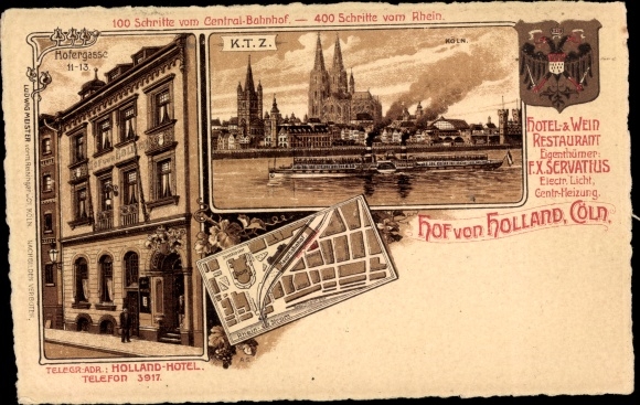 City map coat of arms Chromo-Litho Cologne on the Rhine, Hotel Hof von Holland, Hofergasse 11