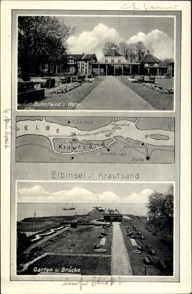 Postcard Elbinsel Krautsand, Buhrfeind's Hotel, garden and bridge, map