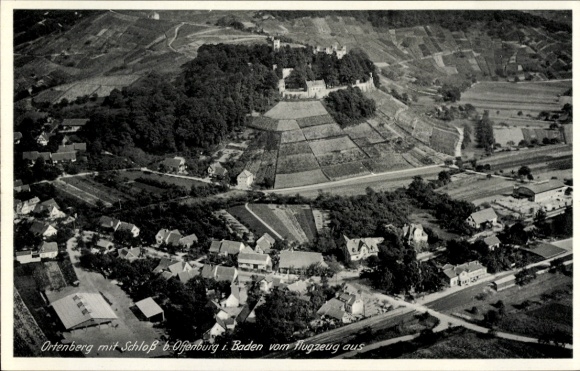 Postcard Offenburg in Baden Black Forest, Ortenberg with castle, aerial view, landscape,