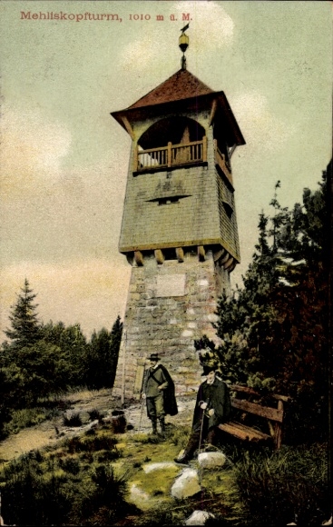 Postcard Bühl in Baden, Mehliskopf, Mehliskopfturm, 1010 m a. M., nature, hiker, bench, forest