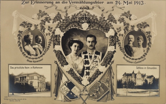Ansichtkaart Hertog Ernst August, Victoria Luise, Keizerlijk echtpaar, Hertogpaar, huwelijk op 24 mei 1913, Gmunden