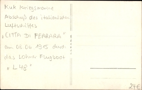Artist PC Austrian flying boat, Lohner L 48, shooting down an Italian airship, I WW