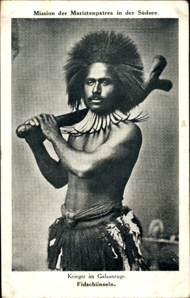 Postcard Fiji, warrior in gala suit