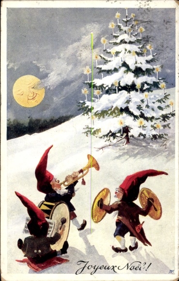 Artist Postcard Merry Christmas, dwarves playing music, Christmas tree, moon face, BKWI 777 1