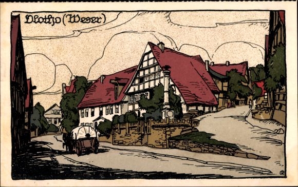 Stone print Postcard Vlotho in North Rhine Westphalia, street, residential building