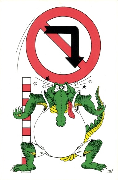 Artist Postcard Humanized crocodile in swimsuit gets a traffic sign on its head