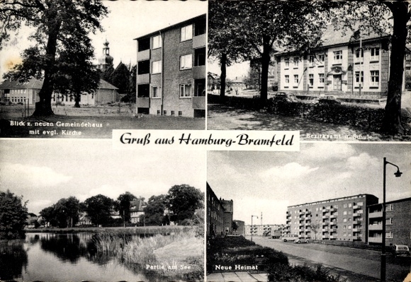 Postcard Hamburg Wandsbek Bramfeld, District Office and School