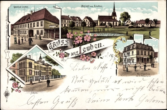 litho Dresden Leuben, Gasthof Leuben, school, papierwinkel E. Pfotenhauer, kerk