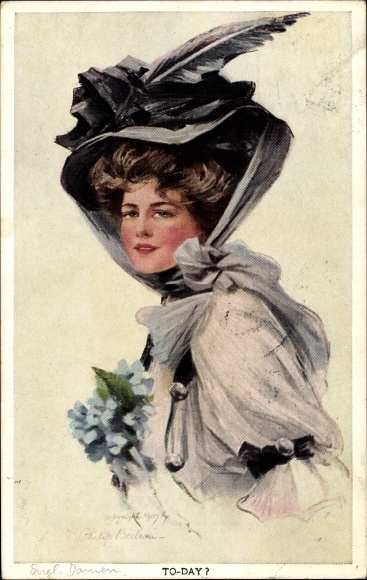 Kunstenaar Ansichtkaart Boileau, Philip, Today?, Portret van een vrouw, hoed versierd met veren, bloemen