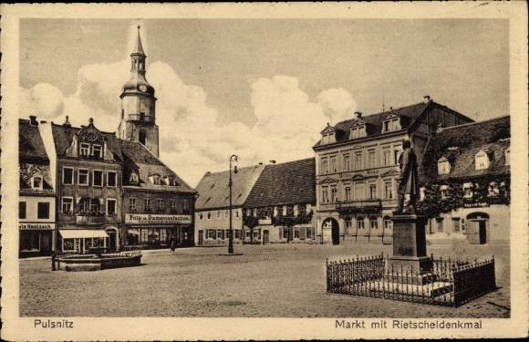 Postcard Pulsnitz Sachsen, hotel Schützenhaus, market, Rietschel monument