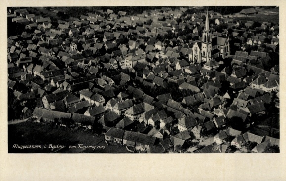 Postcard Muggensturm in Baden, aerial view of many roofs, church, clear sky
